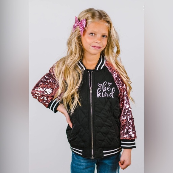 Girls Black Bomber Jacket Pink Sequin Sleeves Be Kind Graphic Sparkly Sm NIP - Picture 2 of 15